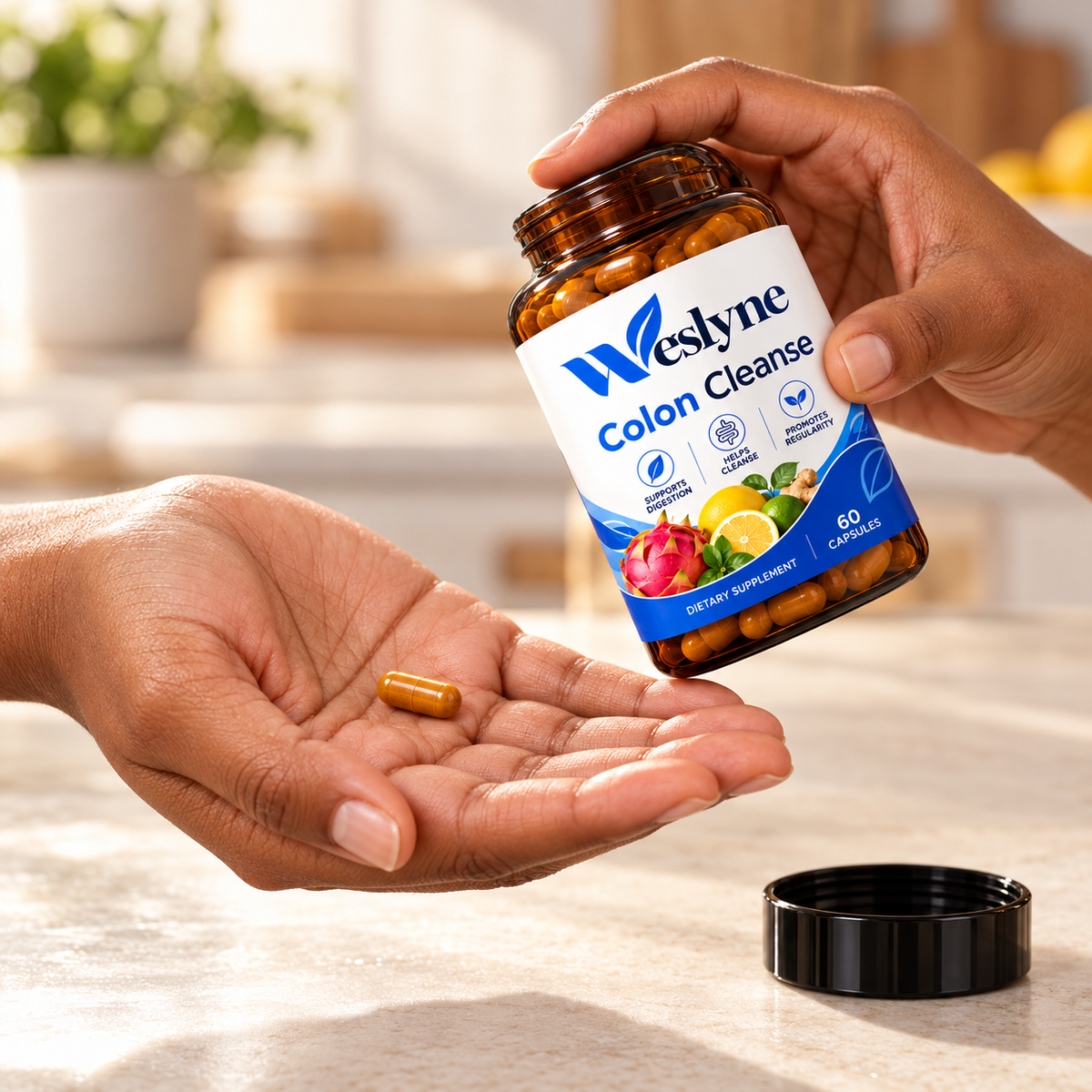 Weslyne capsules poured into an open palm