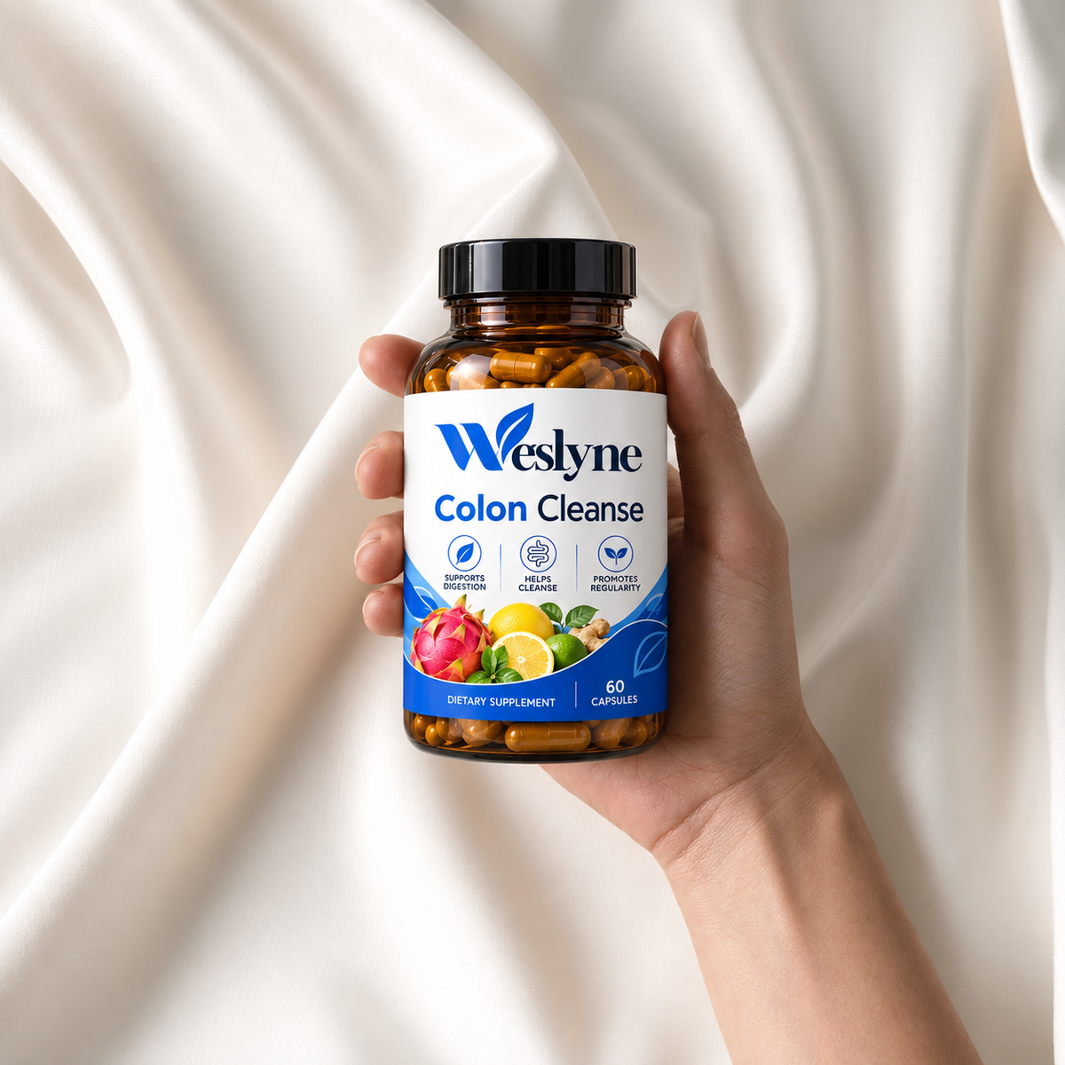 Weslyne capsules beside botanical powder